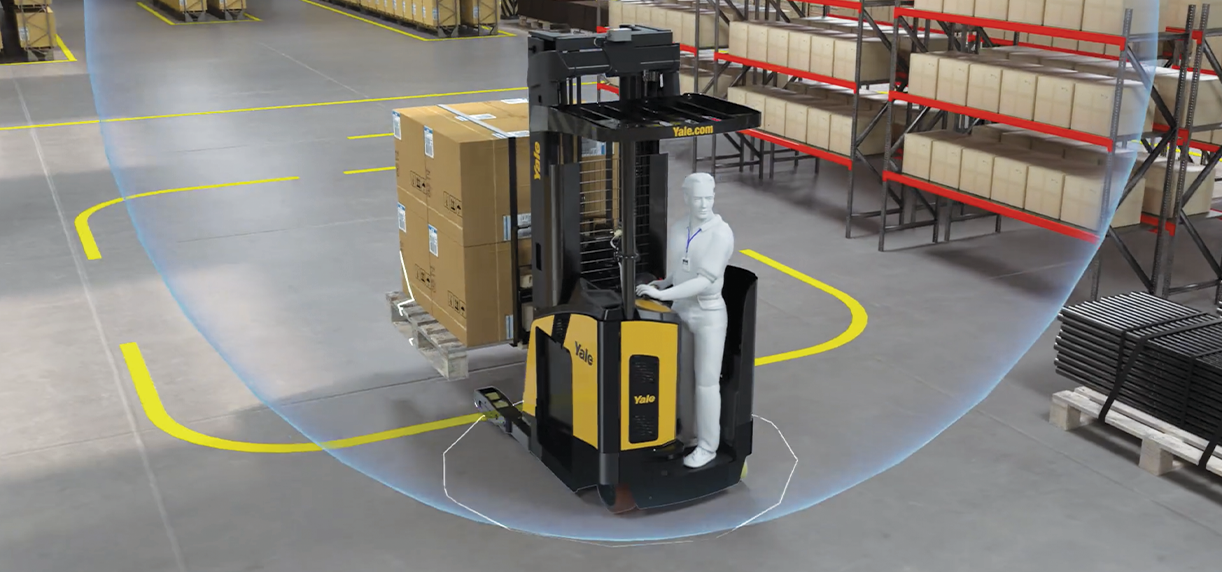 Rendering of a forklift operator driving a reach truck with a full pallet load with location sensing graphic overlay                     boots on a Yale end rider