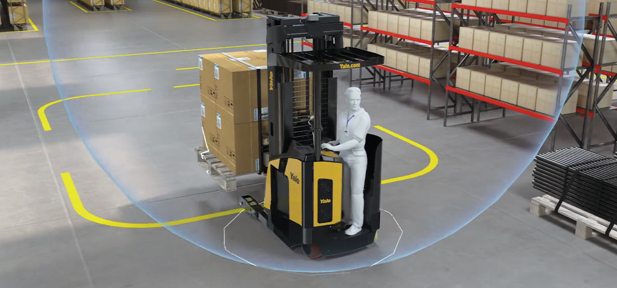 Rendering of a forklift operator driving a reach truck with a full pallet load with location sensing graphic overlay boots on a Yale end rider