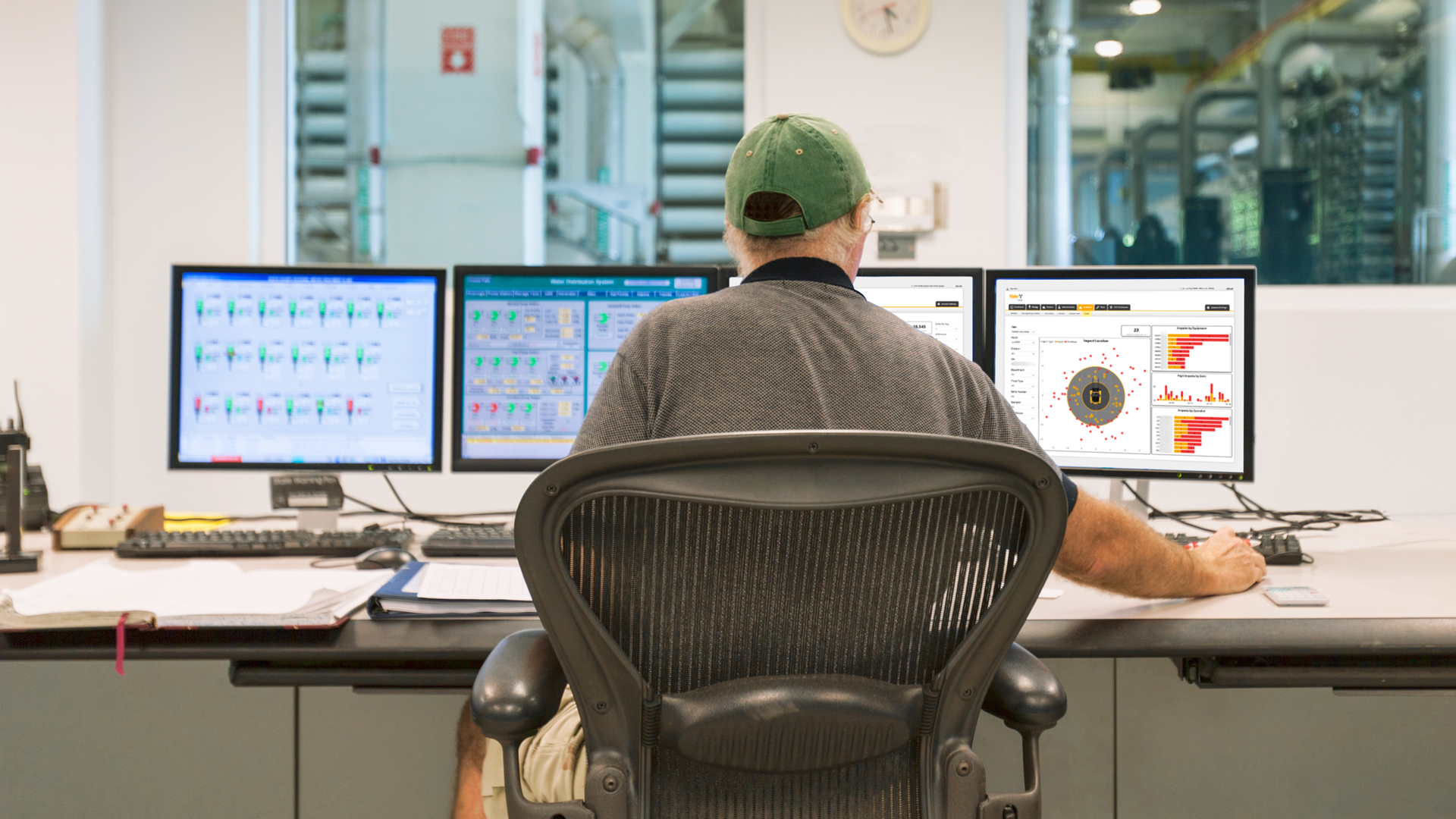 A man reviews a Yale Vision dashboard report across multiple computer screens