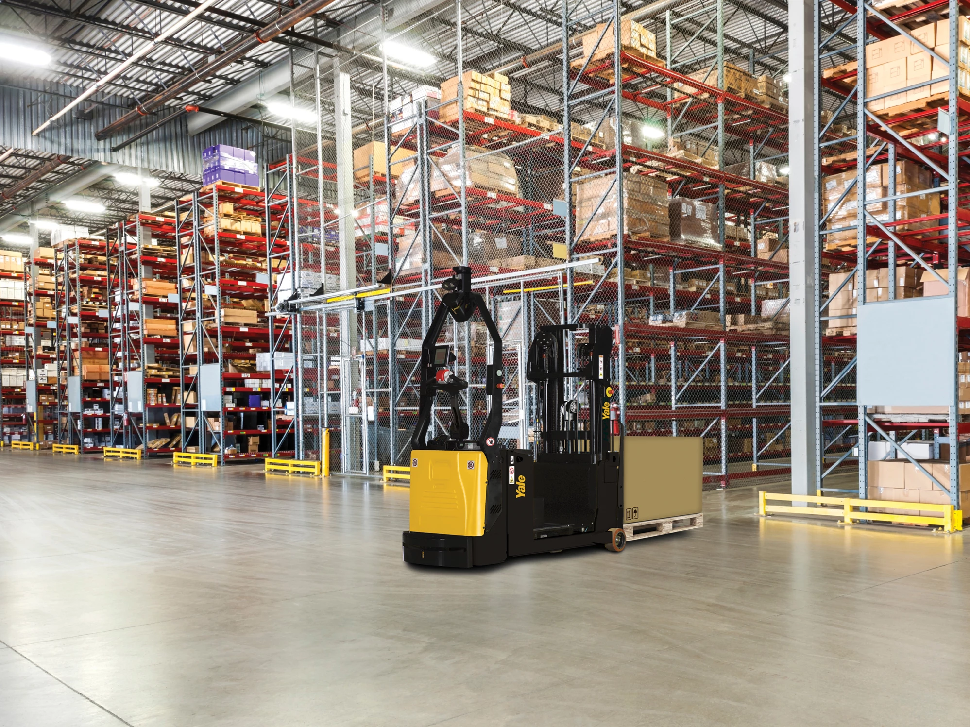 A Yale robotic counterbalanced stacker prepares to place a box on a storage rack